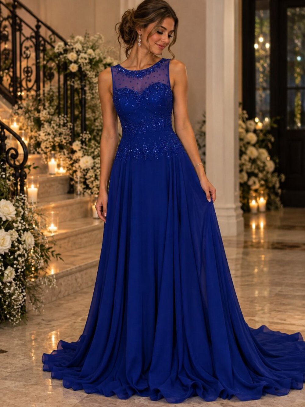 Izilady Elegant Royal Blue Beaded Dress Gown Prom, Size 10